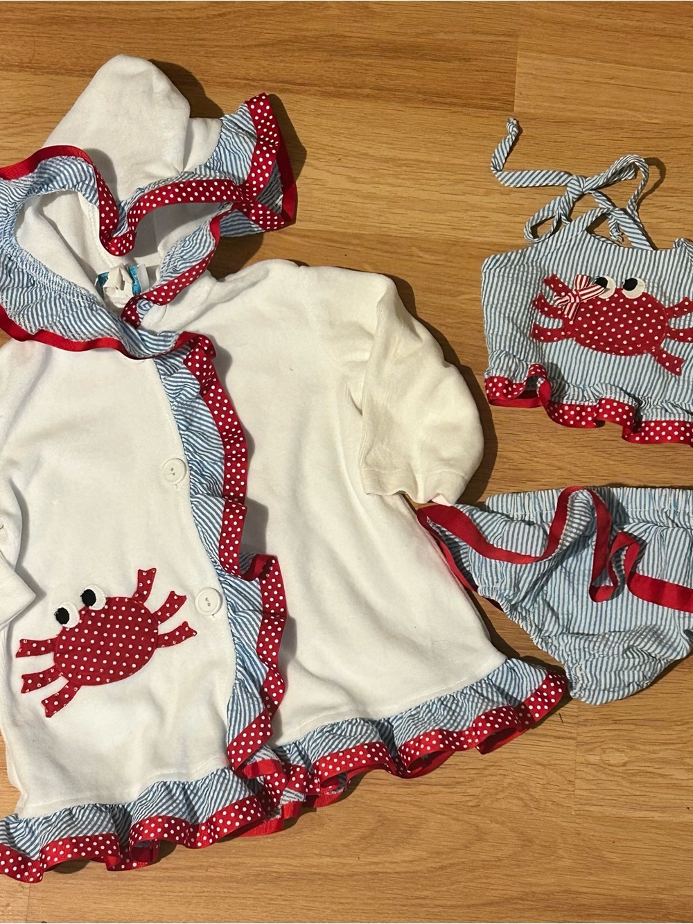 12 Months White Hooded Beach Robe Matching Bikini Red Crab Coastal Nautical
